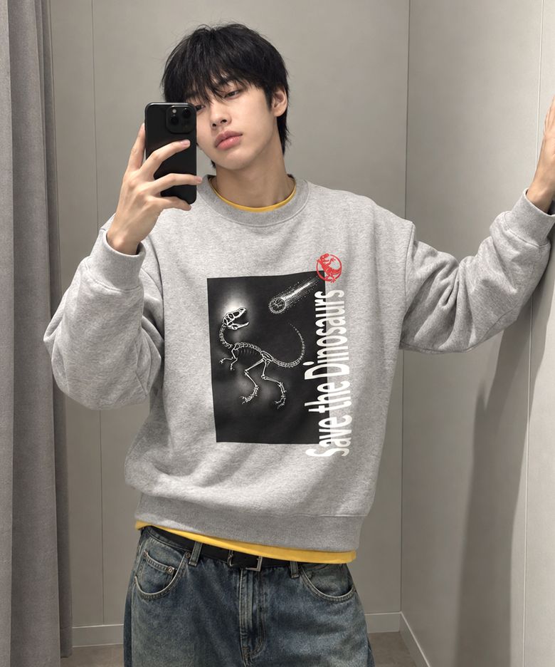 세미 크롭 크루넥 맨투맨 세이브더다이노 그레이