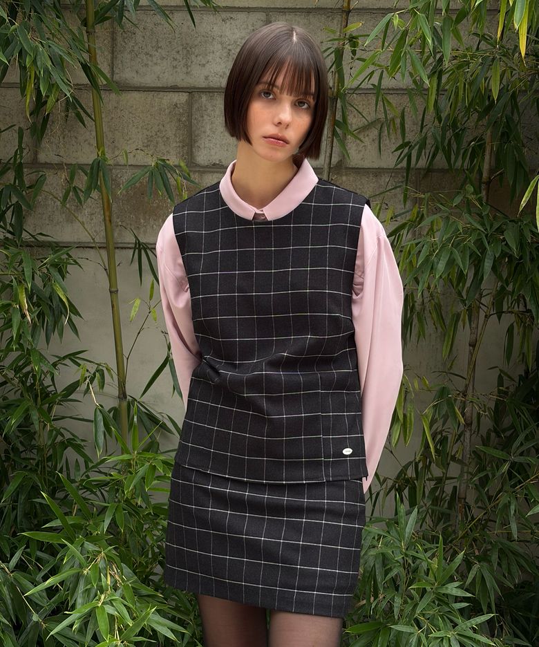 모던 체크 베스트 블라우스_다크그레이