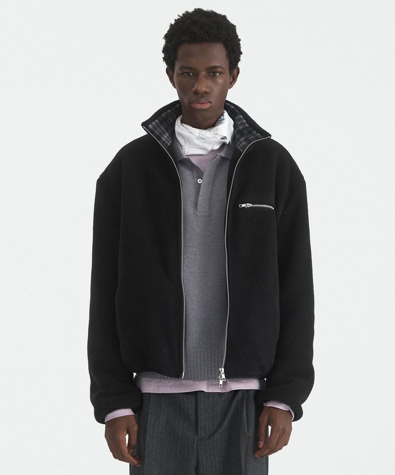 COLLAR CONTRAST FLEECE JUMPER - BLACK