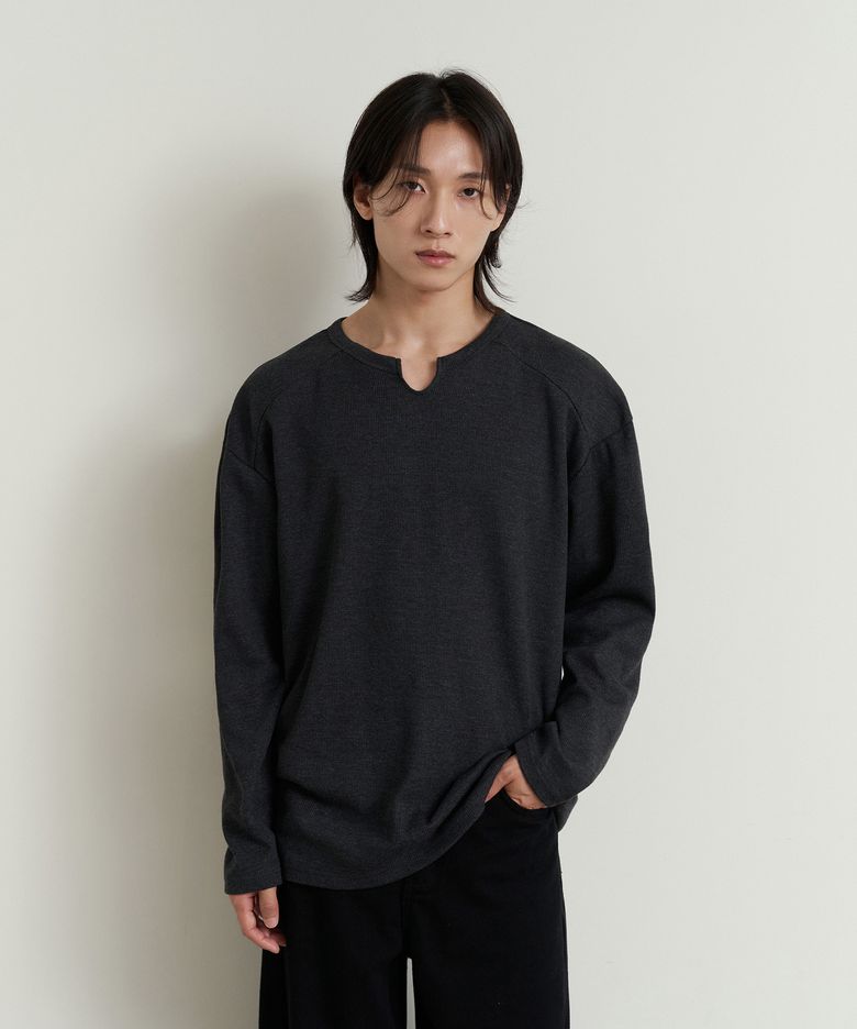 코지 와플 절개 브이넥 긴팔티