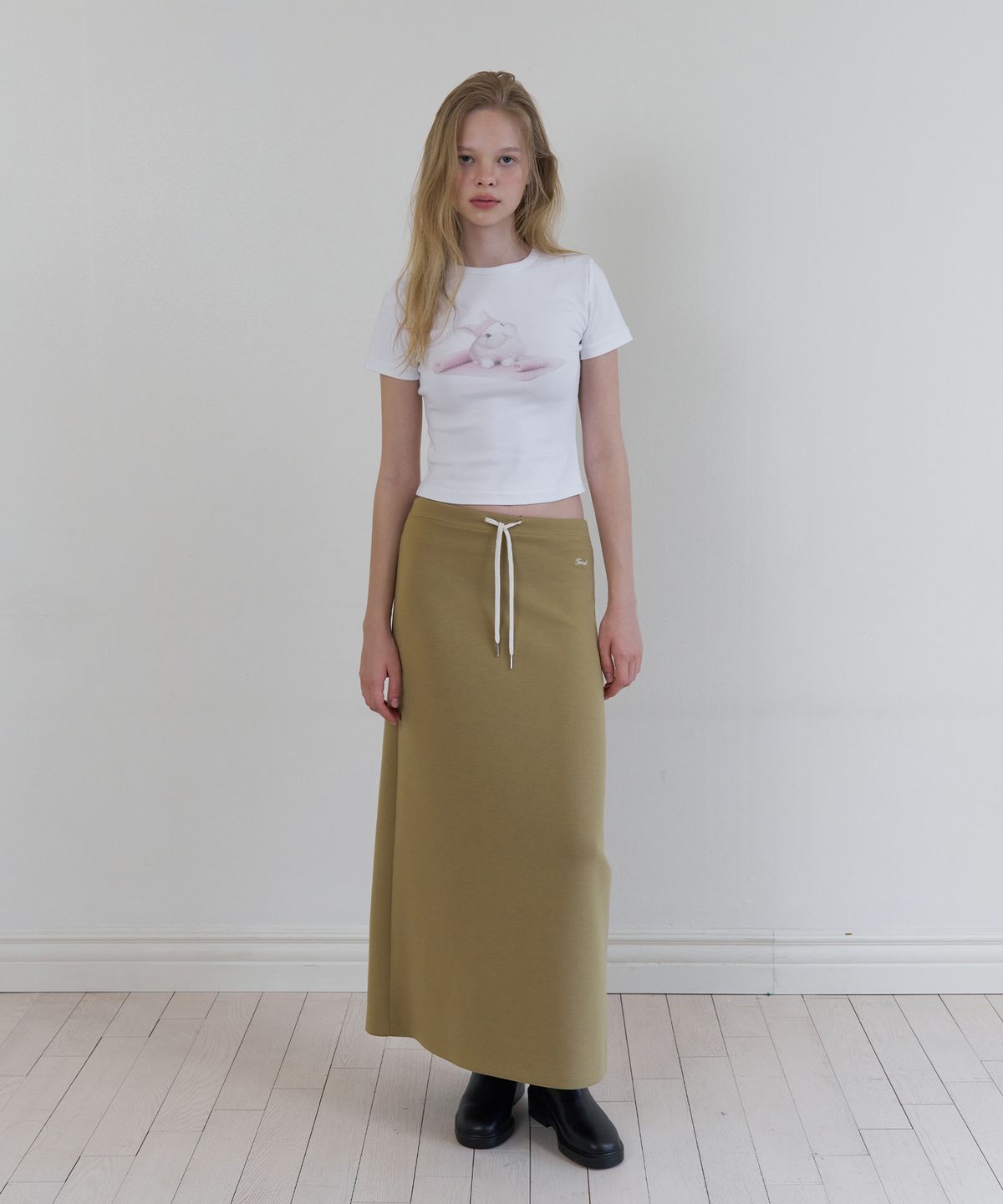 톤드(TONED) Drawstring jersey long skirt (olive green)