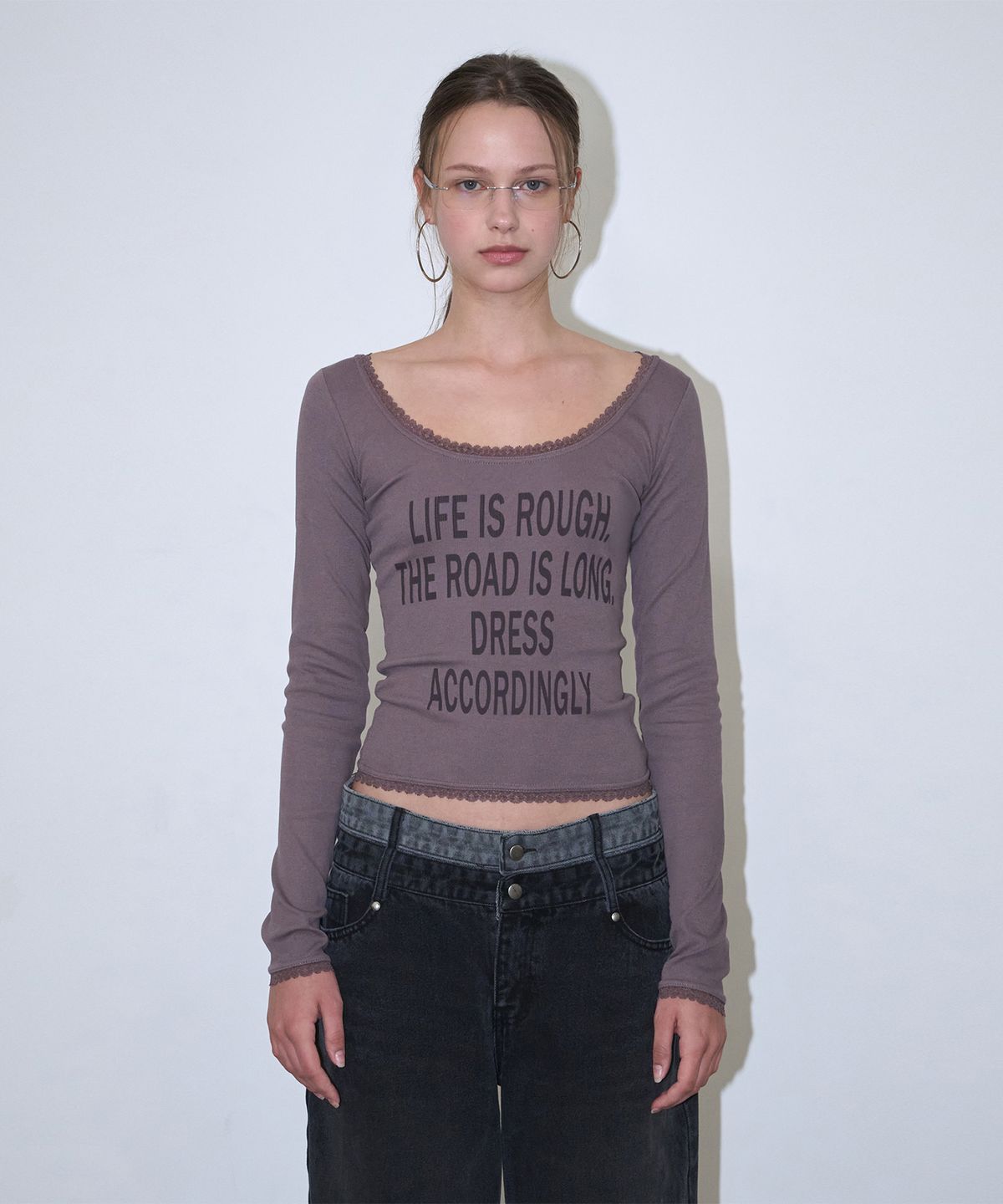 로타입(ROUGHTYPE) Scallop Lace Off-shoulder Long Sleeve - Ash purple