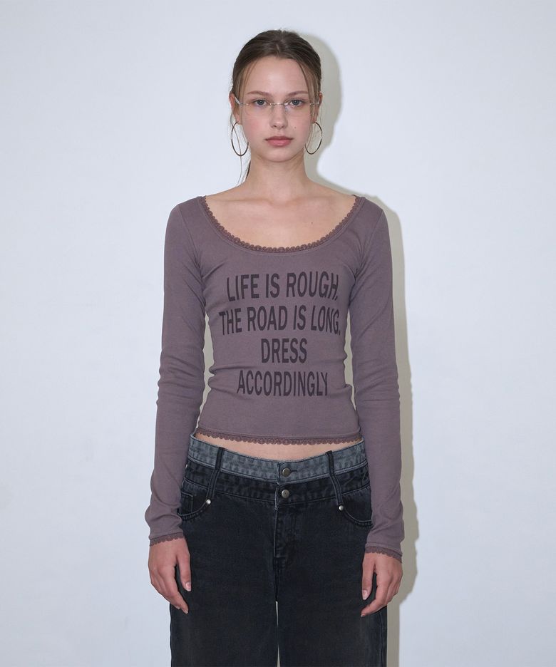 Scallop Lace Off-shoulder Long Sleeve - Ash purple