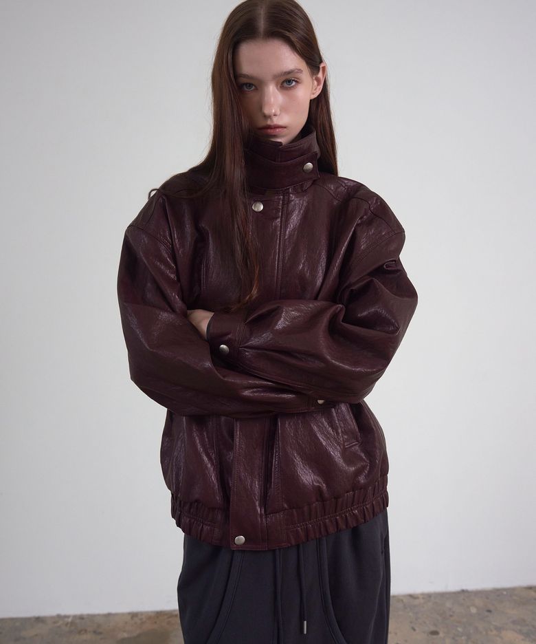 Backstage High-Neck Leather Jacket Burgundy
