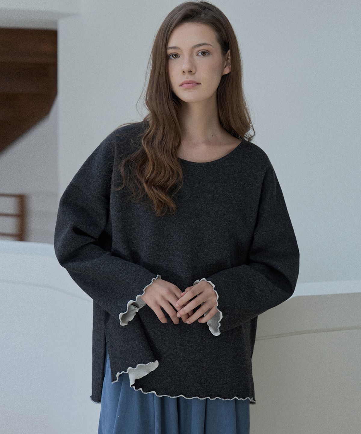 아방(AVANT-G) Wool Oversize Unbalanced Knit - CHARCOAL