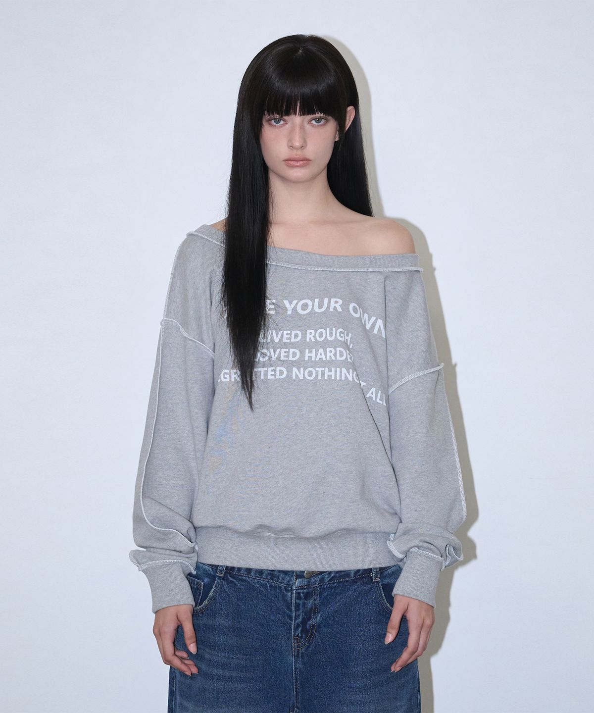 로타입(ROUGHTYPE) Color Stitch Off-shoulder Sweatshirt - Melange gray