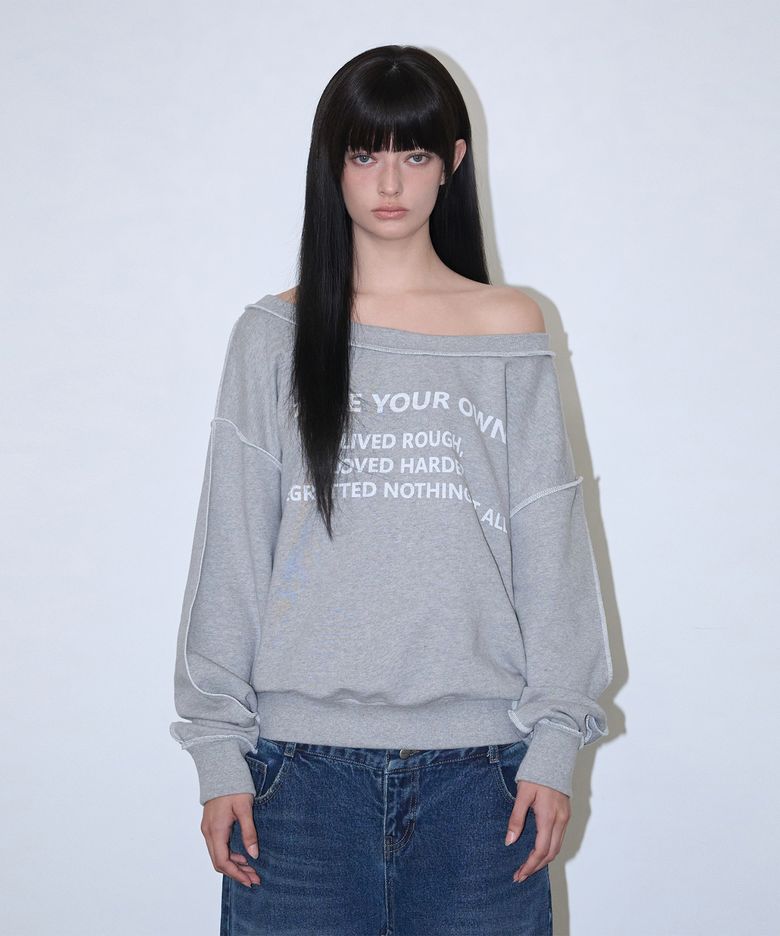Color Stitch Off-shoulder Sweatshirt - Melange gray