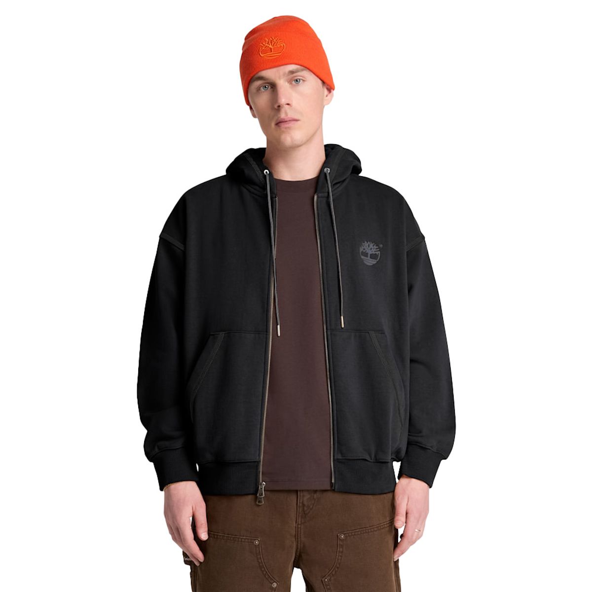 팀버랜드(TIMBERLAND) 남성 아이코닉 로고 루즈핏 후드 집업 블랙_TB0A5TJF0011