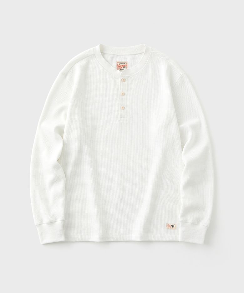 Washed Heavy Waffle Henley Neck Long Sleeve (White)