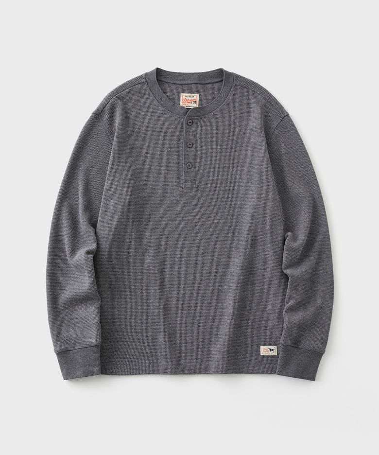 Washed Heavy Waffle Henley Neck Long Sleeve (Gray)