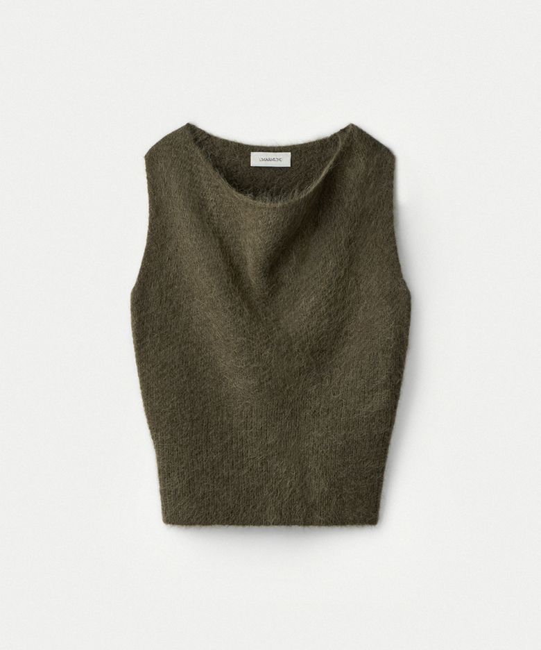 Peruvian baby alpaca yarn cowl neck vest_Khaki