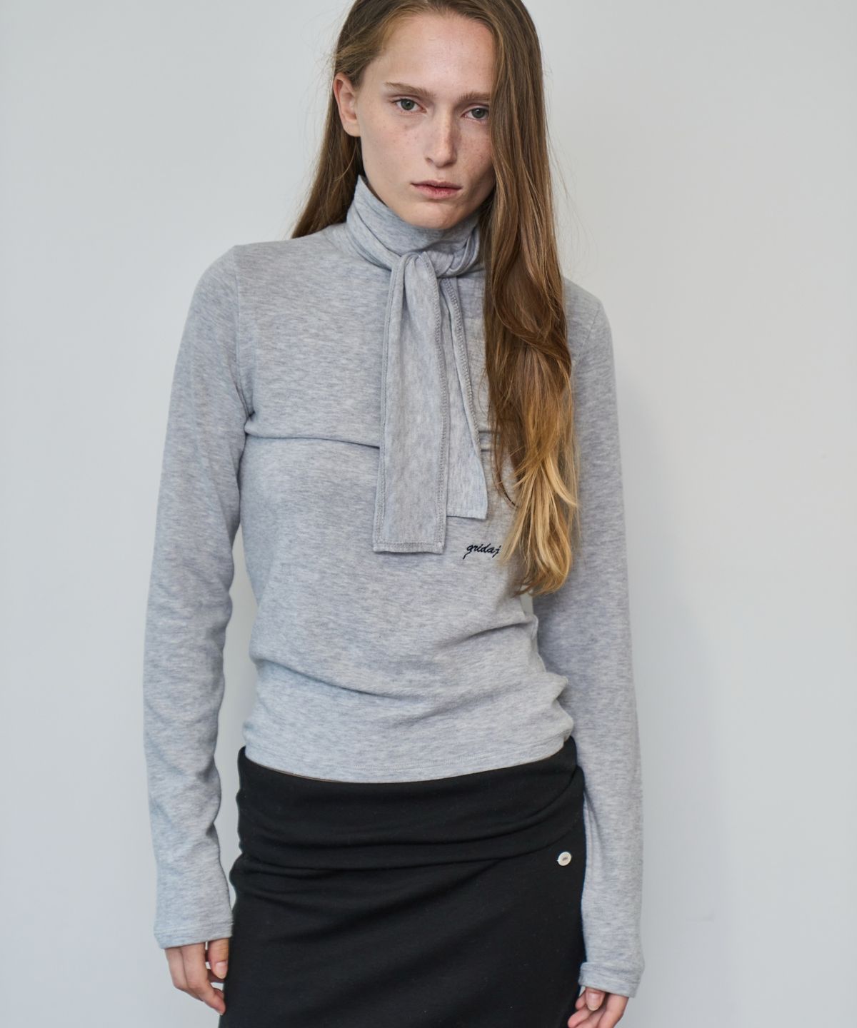 그리다제이(GRIDAJ) Angora Blend Scarf Tie Long Sleeve _ gray