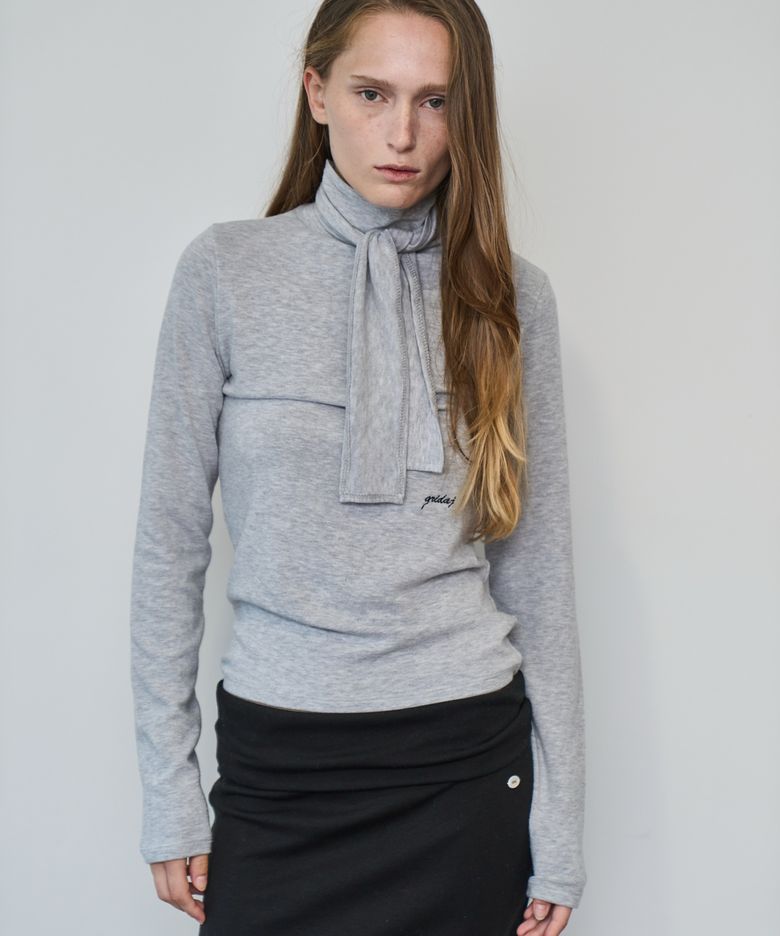 Angora Blend Scarf Tie Long Sleeve _ gray
