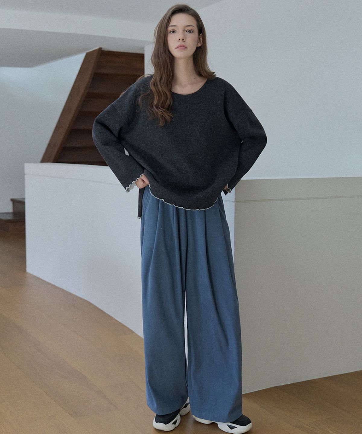 아방(AVANT-G) Corduroy Banding Wide Pants - BLUE
