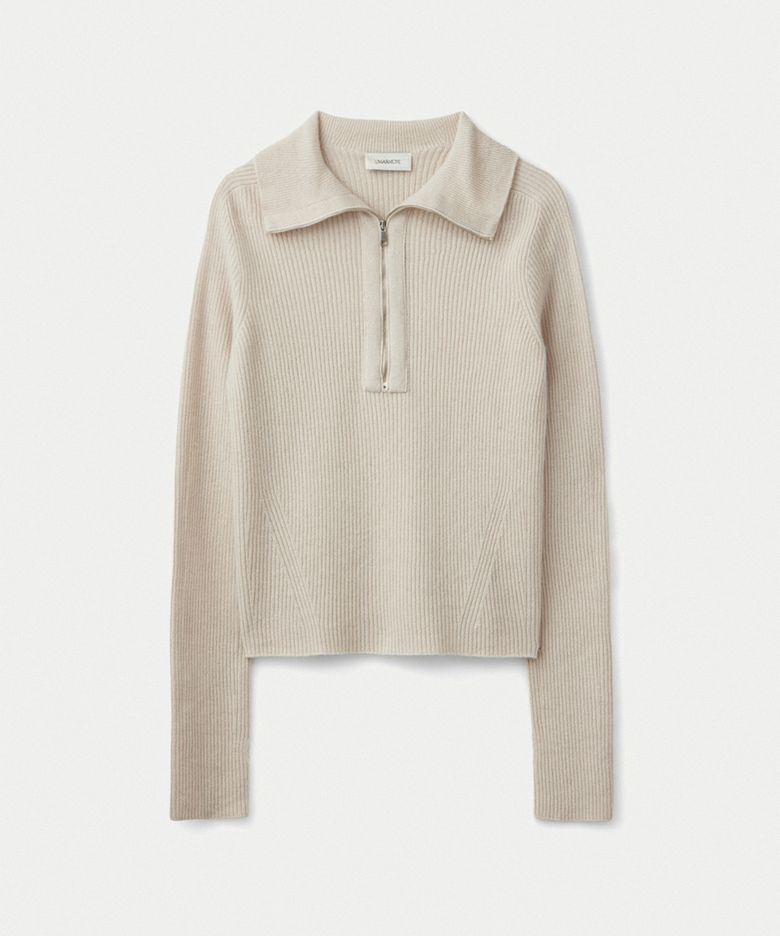 Super fine merino wool half zip up ribbed pullover_Oatmilk