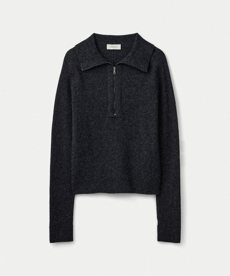 Super fine merino wool half zip up ribbed pullover_Heather grey