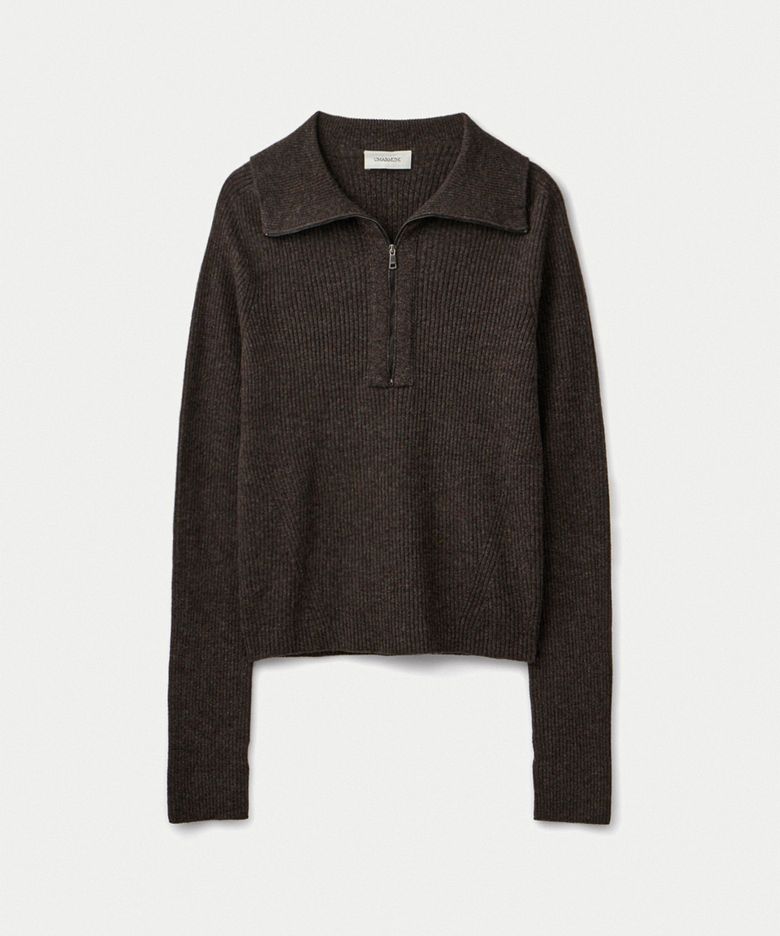 Super fine merino wool half zip up ribbed pullover_Walnut