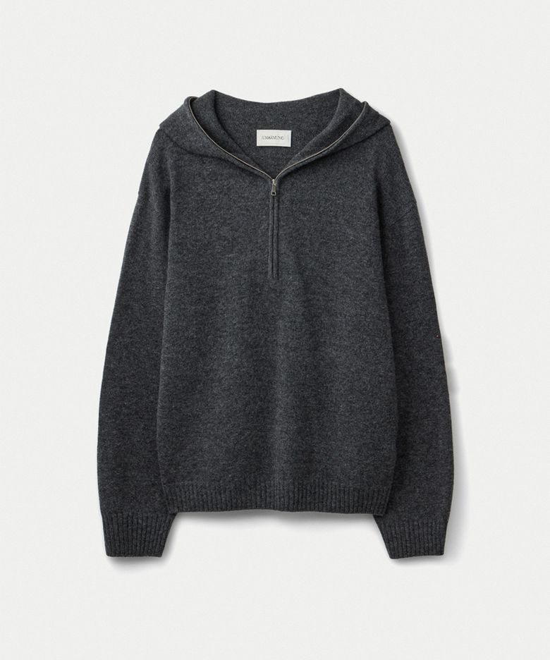 Super fine merino wool half zip up hooded pullover_Heather grey