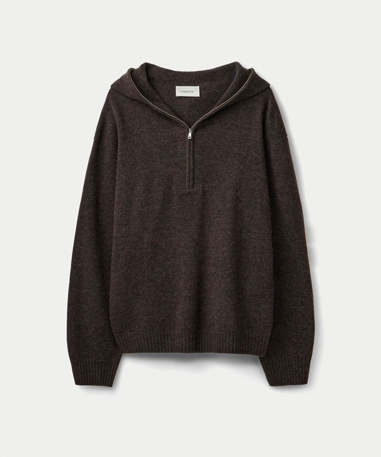 Super fine merino wool half zip up hooded pullover_Walnut