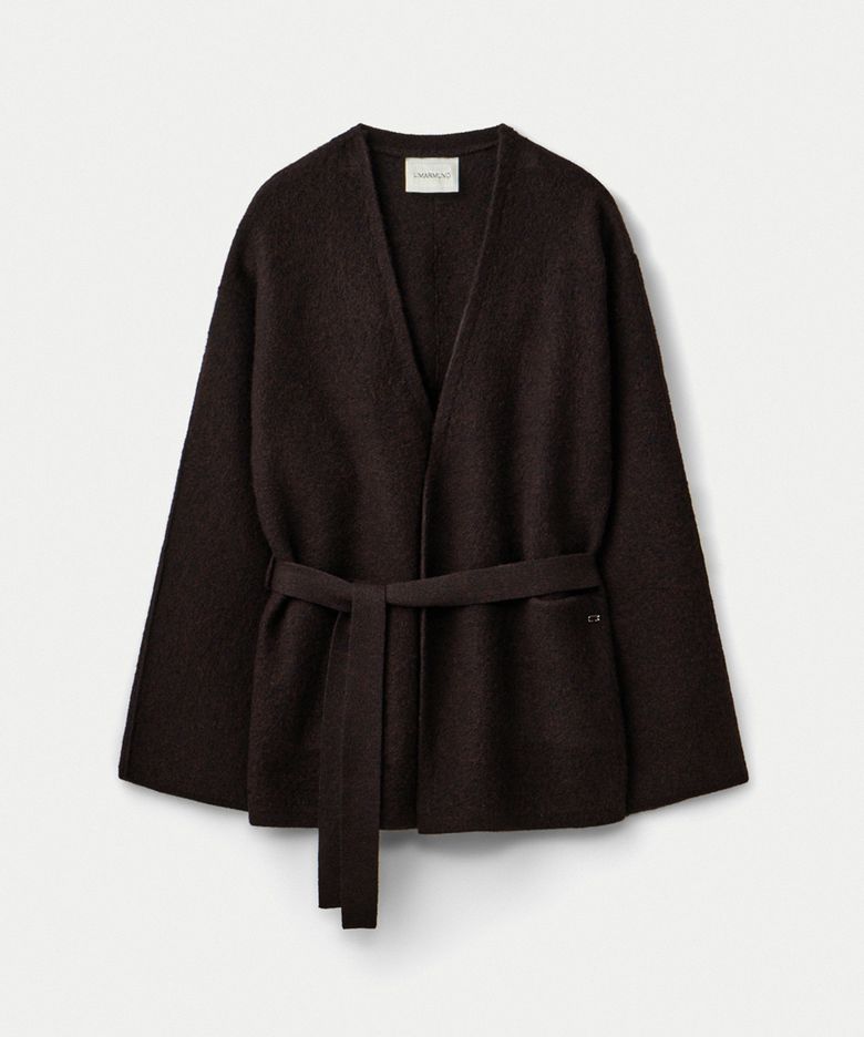 Pure merino boiled wool collarless jacket_Mahogany