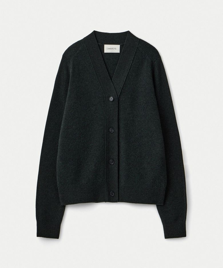 Wool cashmere Y neck cardigan_Moss green