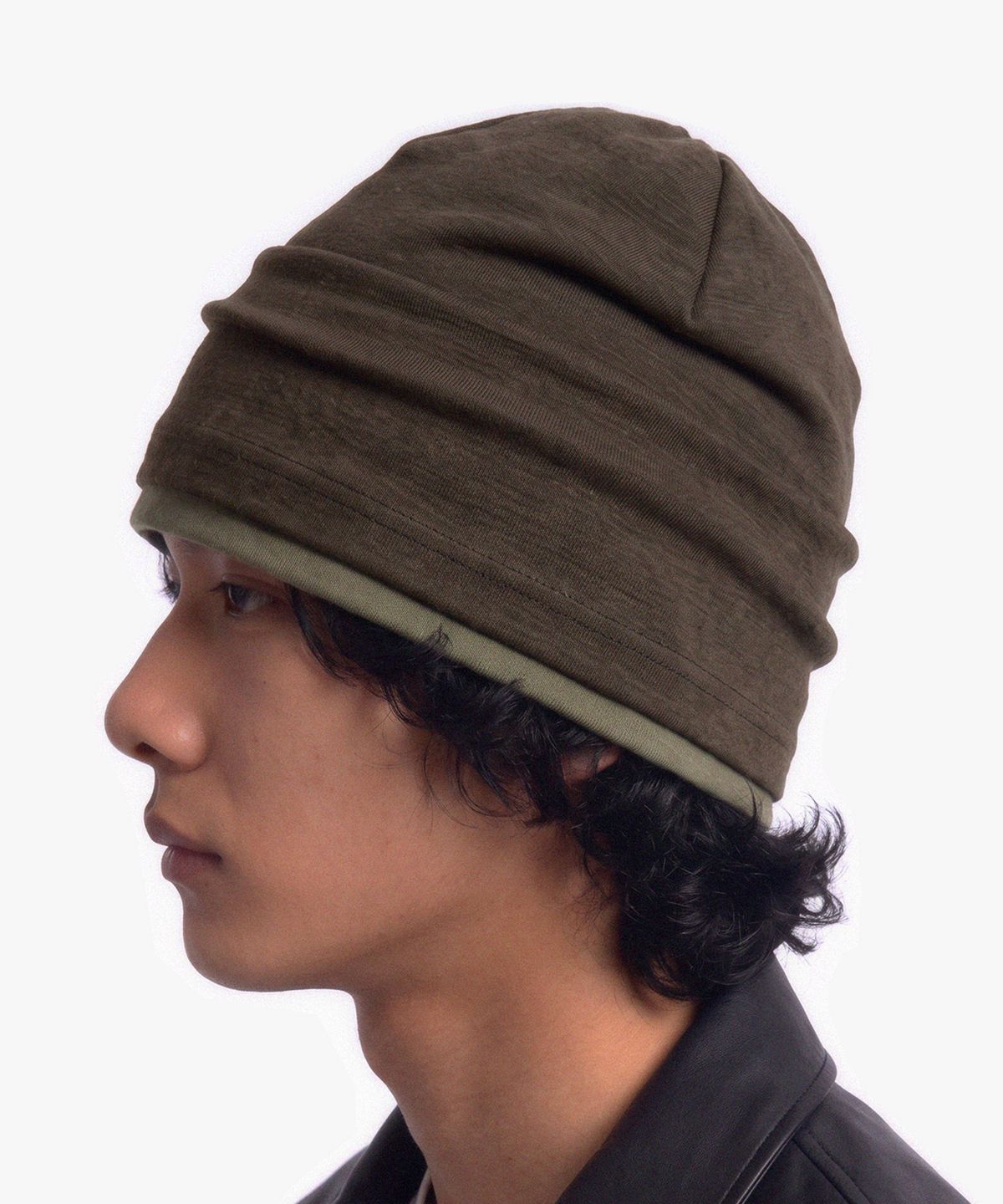 언더컨트롤(UNDERCONTROL) 겨울 롤업 이중 레이어드 슬러브 롱비니 남녀공용 모자 DOUBLE KNIT HAT / AG WOOL / MELANGE KHAKI