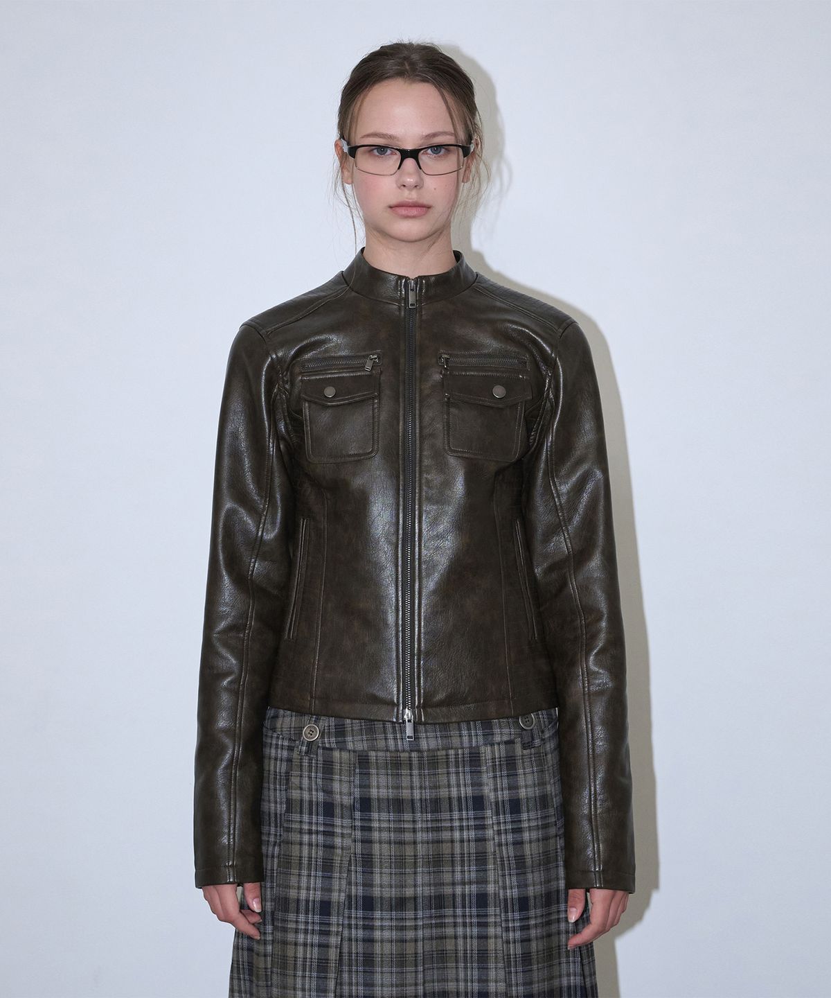 로타입(ROUGHTYPE) Slim Fit Moto Leather Jacket - Brown