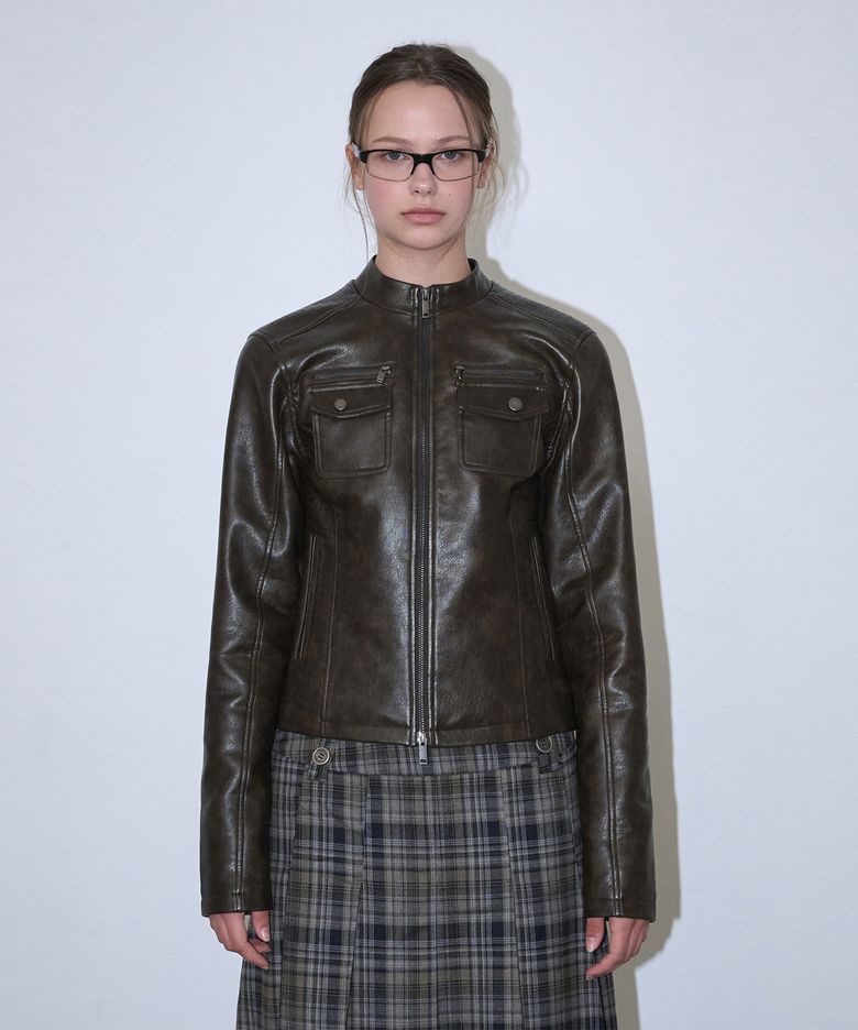 Slim Fit Moto Leather Jacket - Brown