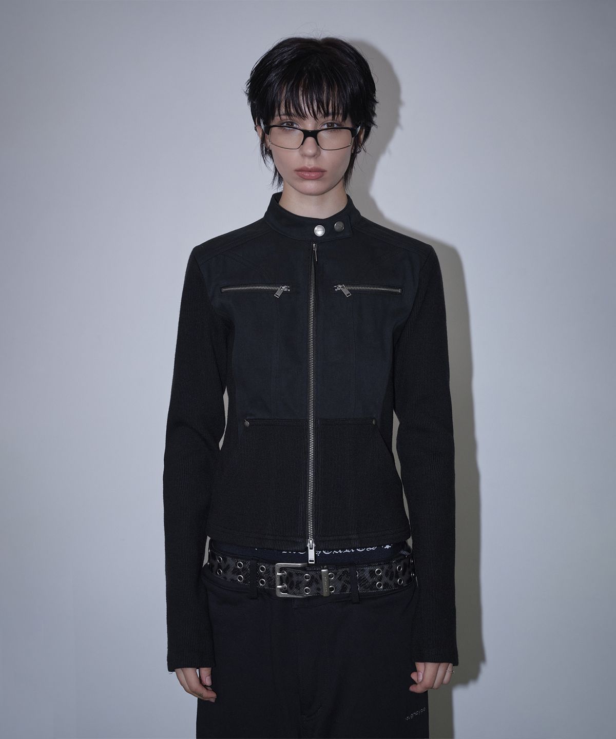 로타입(ROUGHTYPE) Slim Biker Knit Sleeve Zip-up Jacket - Black