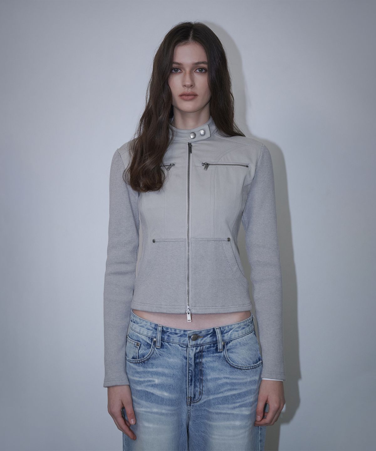 로타입(ROUGHTYPE) Slim Biker Knit Sleeve Zip-up Jacket - Light gray