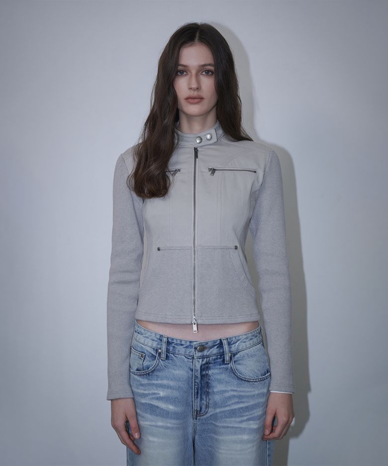 Slim Biker Knit Sleeve Zip-up Jacket - Light gray
