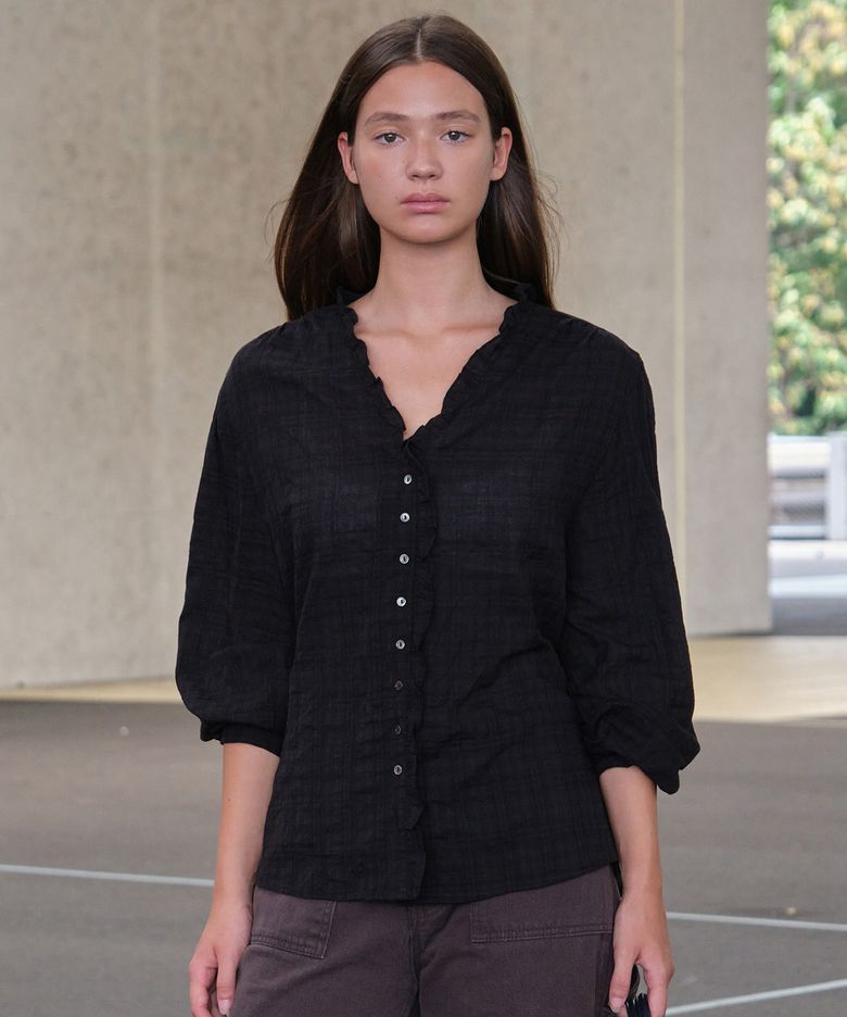 Nod Check Frill Blouse - Black