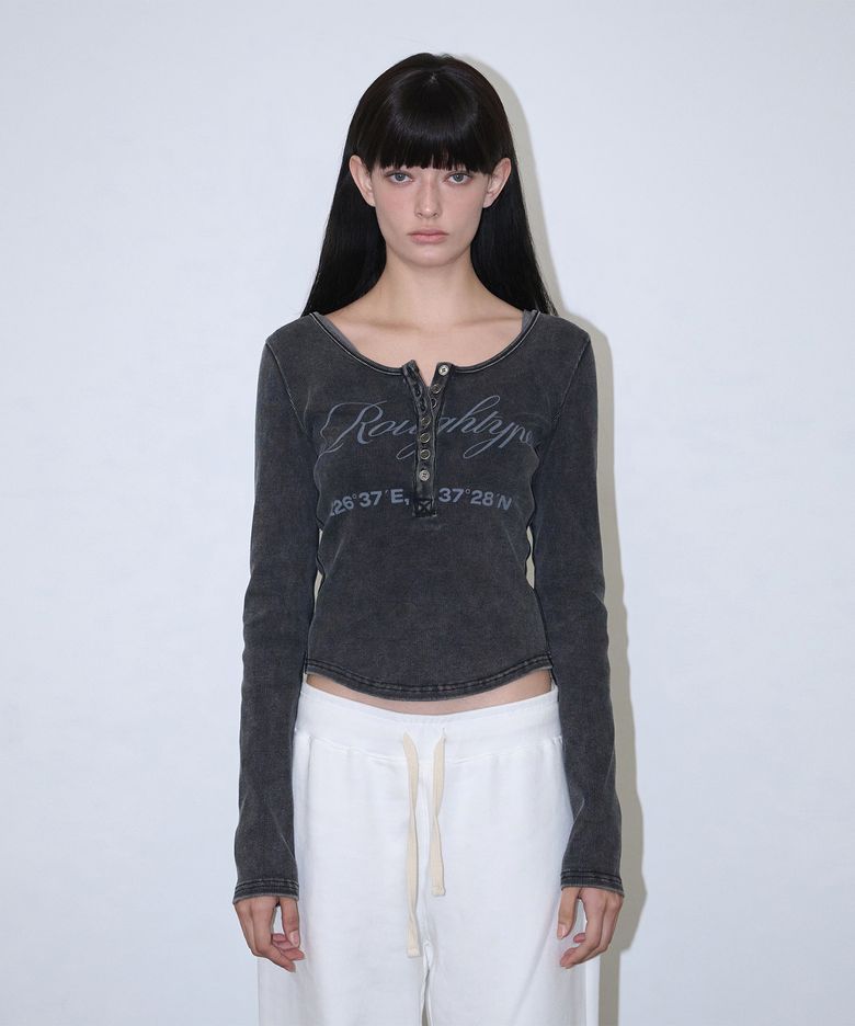 Slim Washed Henley Neck Long Sleeve - Black