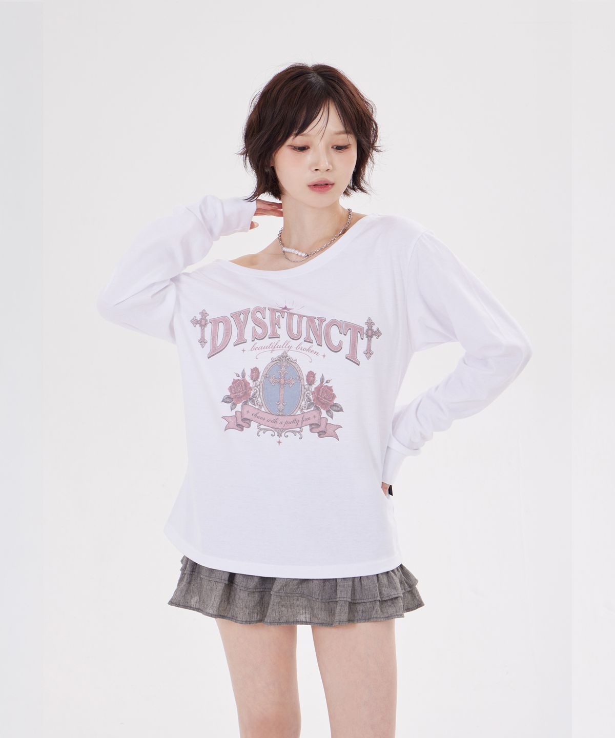 디스펑트(DYSFUNCT) ROSE FRAME GRAPHIC One-Shoulder Tee(WHITE)