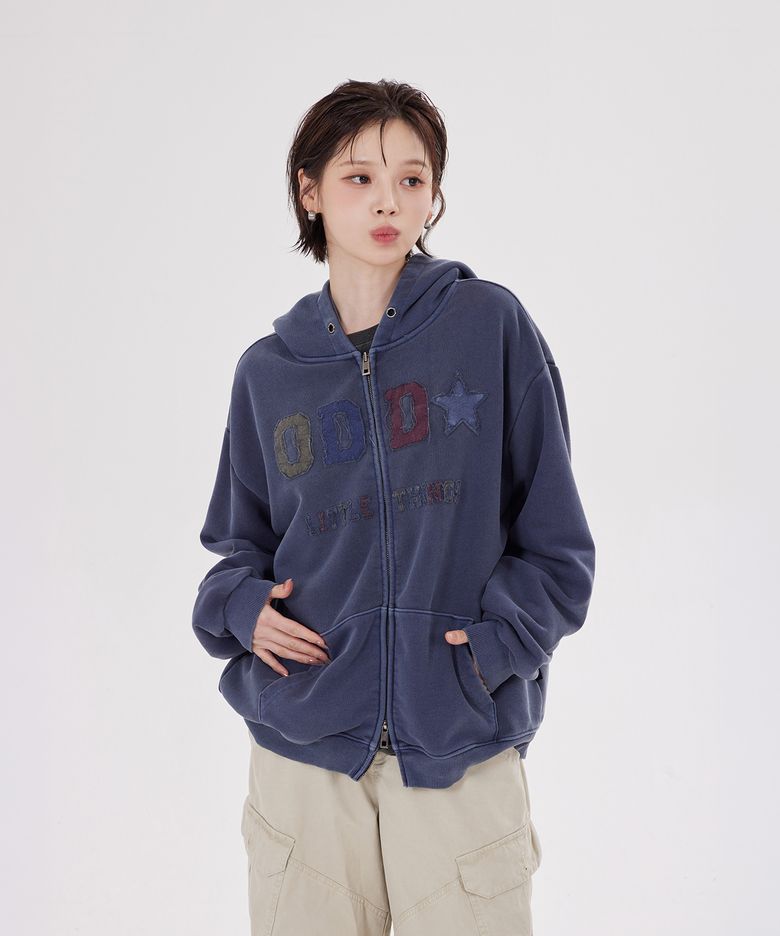 ODD PIGMENT APPLIQUE ZIP-UP HOODIE(NAVY)