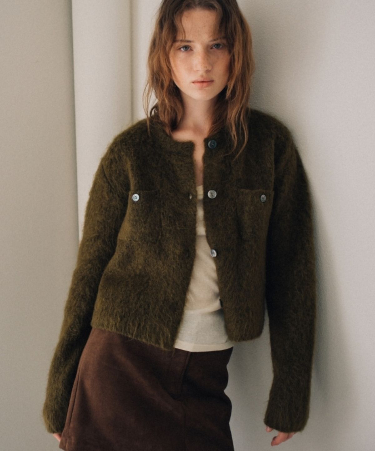 어나우트(UNNOUT) HAIRY WOOL KNIT CARDIGAN OLIVE