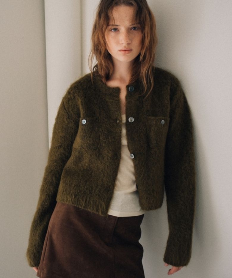 HAIRY WOOL KNIT CARDIGAN OLIVE