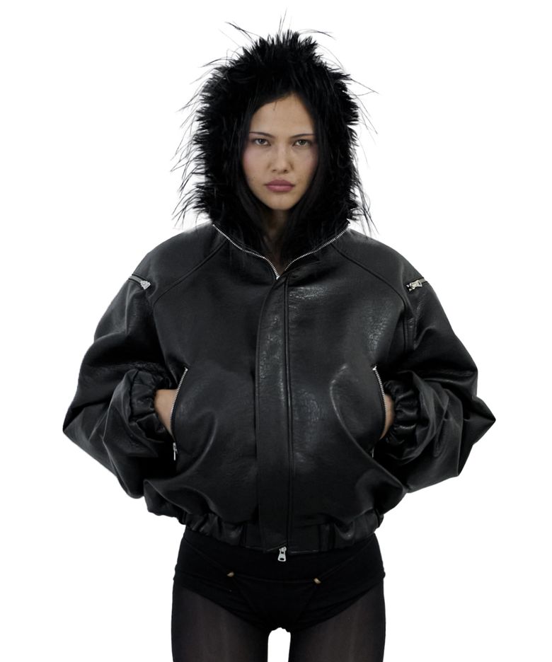 FAUX LEATHER BOMBER HOODIE