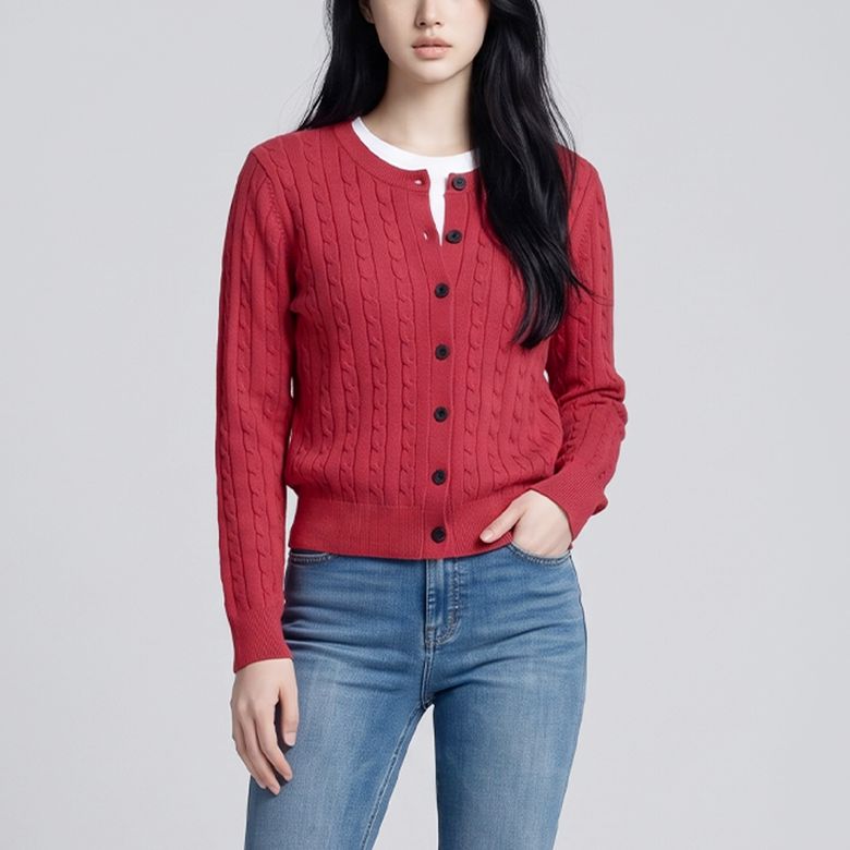 봄가을 케이블 라운드넥 여성 골프 니트가디건 KQFLCA67