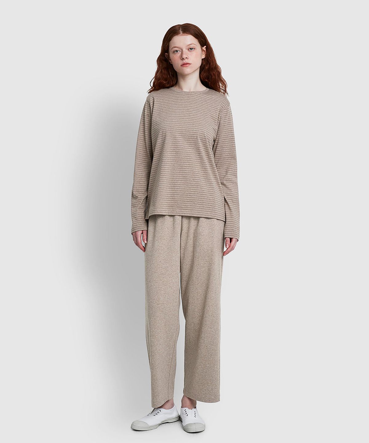 자주(JAJU) [SET] 여 스마트 코튼 라운드넥 긴팔 라운지 티셔츠, 10부 라운지 팬츠_다크 브라운&멜란지베이지