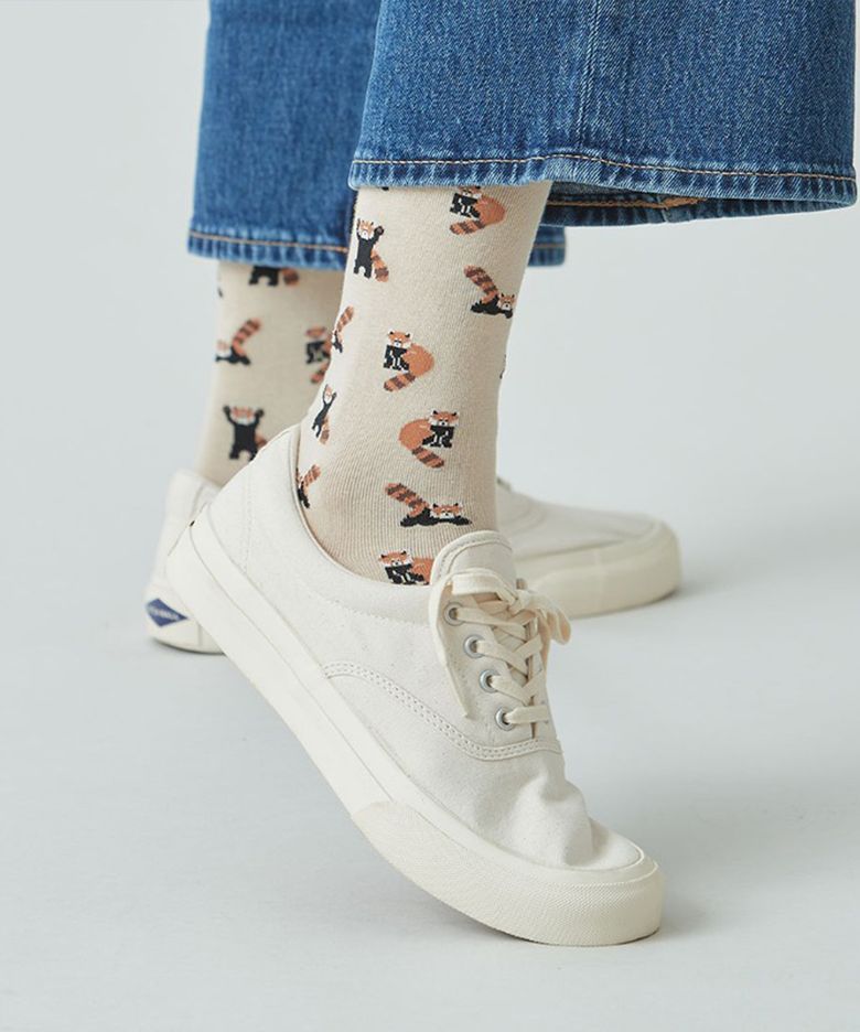 GCT016 남녀공용 애니멀패턴 면양말 lesser panda: light beige