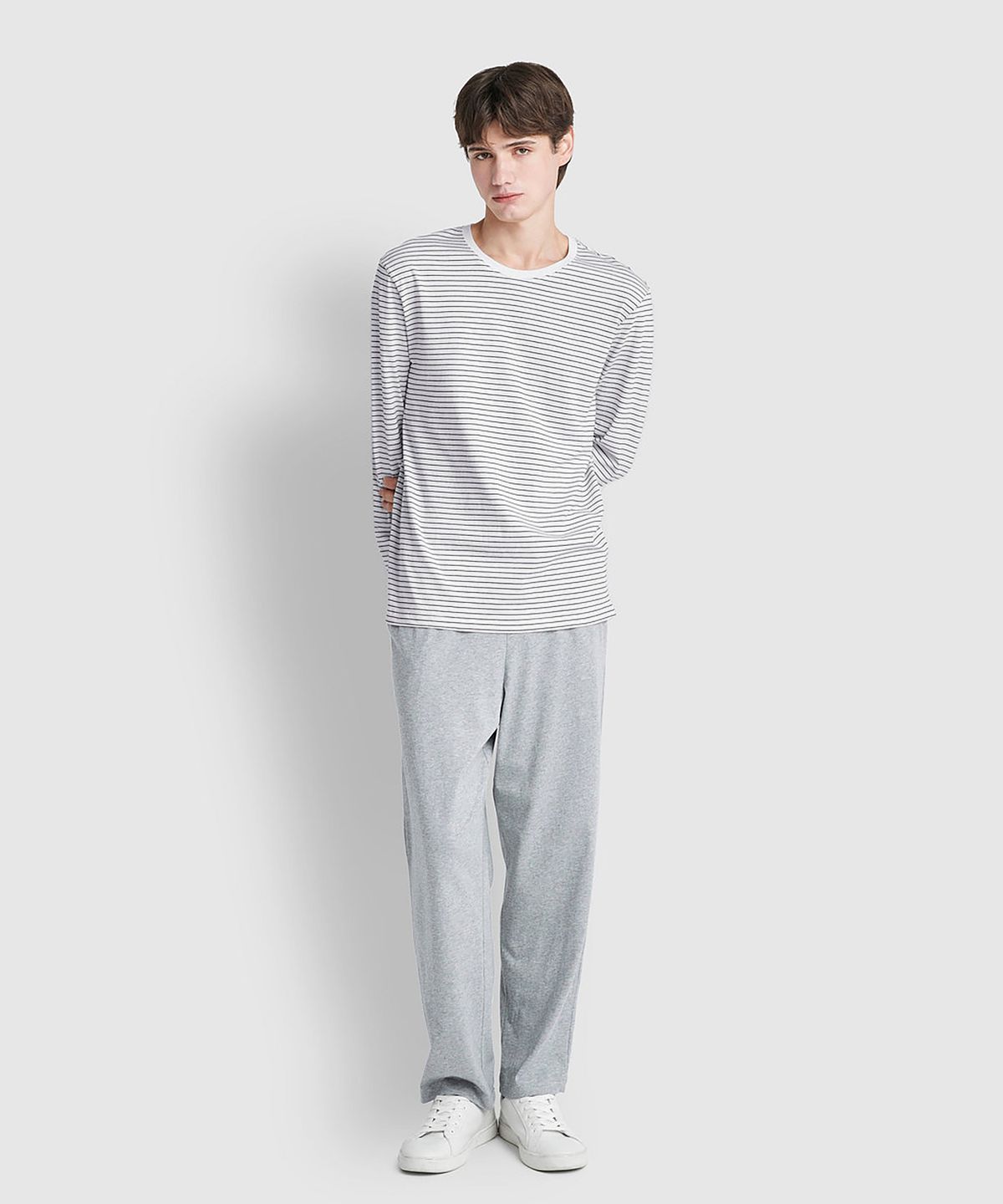 자주(JAJU) [SET] 남 스마트 코튼 라운드넥 긴팔 라운지 티셔츠, 10부 라운지 팬츠_오프 화이트&멜란지 그레이