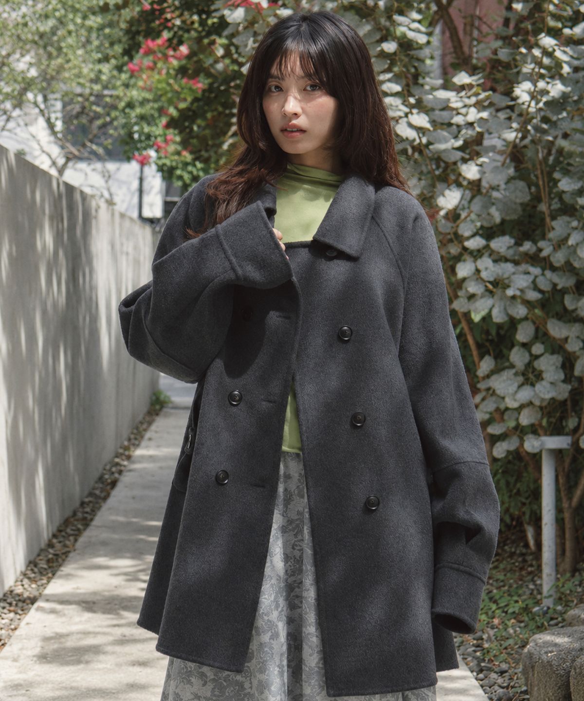 론론(RONRON) COLLAR RIBBON POCKET HALF COAT CHARCOAL