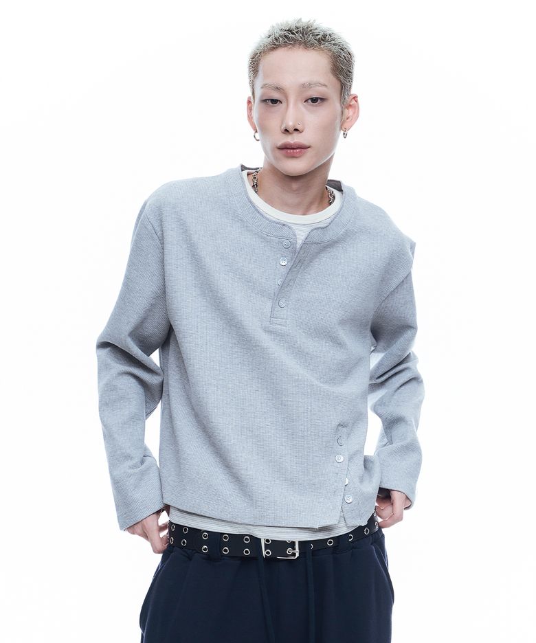 단가라 레이어드 와플 헨리넥 티셔츠 - 그레이