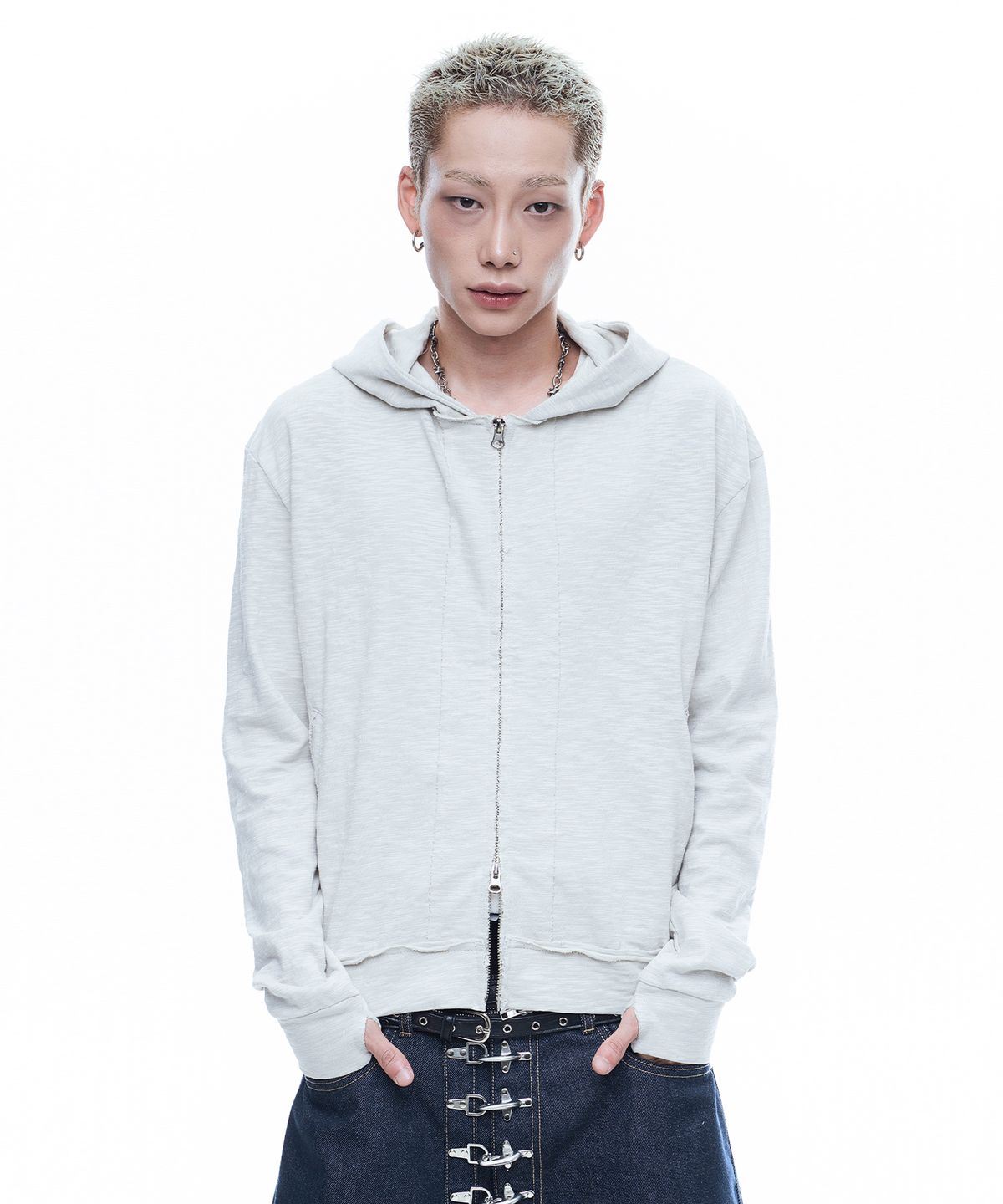 EASY NO EASY（イージーノーイージー）の「Ripped Slub Fingerhole Hoodie Zip-up - Oatmeal（Tops）」