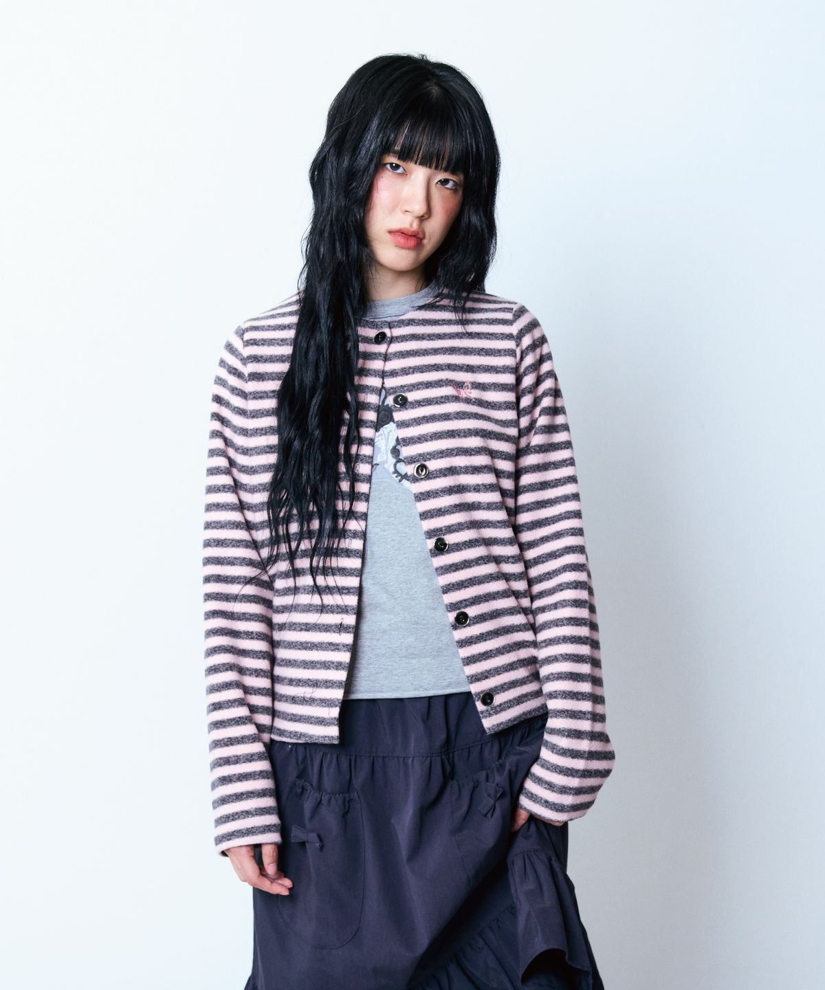 구월십일(GUWOLSIBIL) Stripe Granny Cardigan Pink+Black