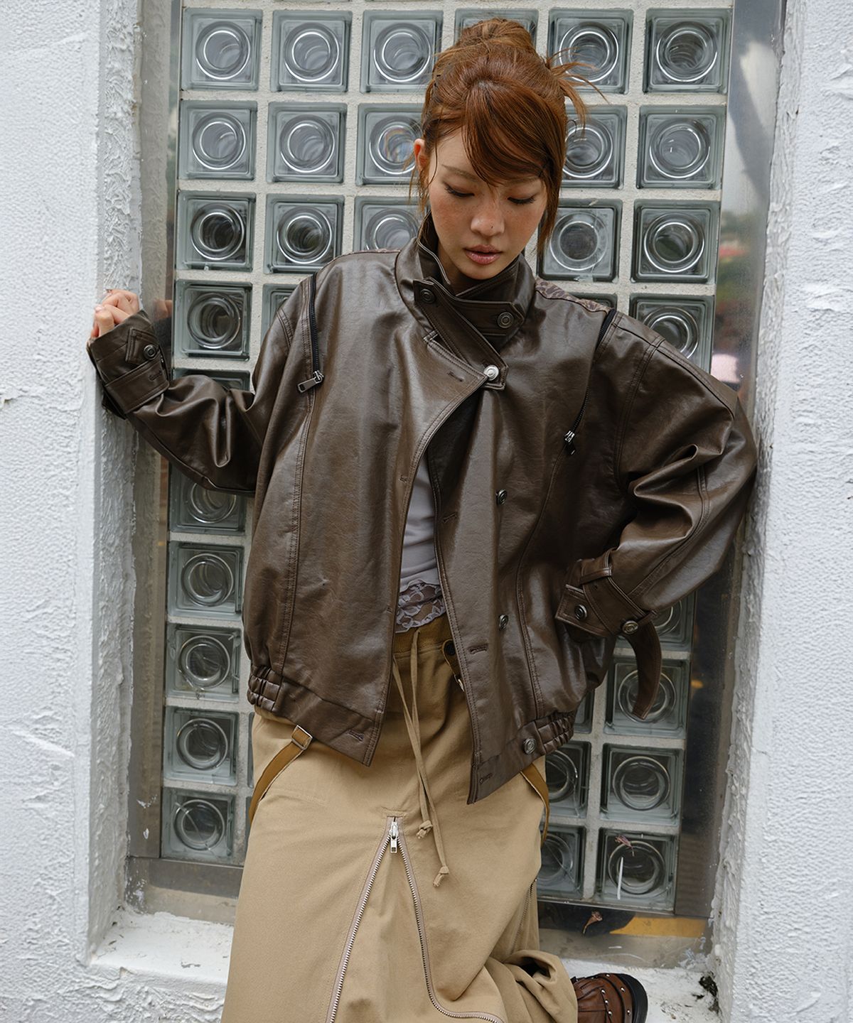 소르비(SORBEE) BACK ZIP LEOPARD LEATHER JACKET / BROWN