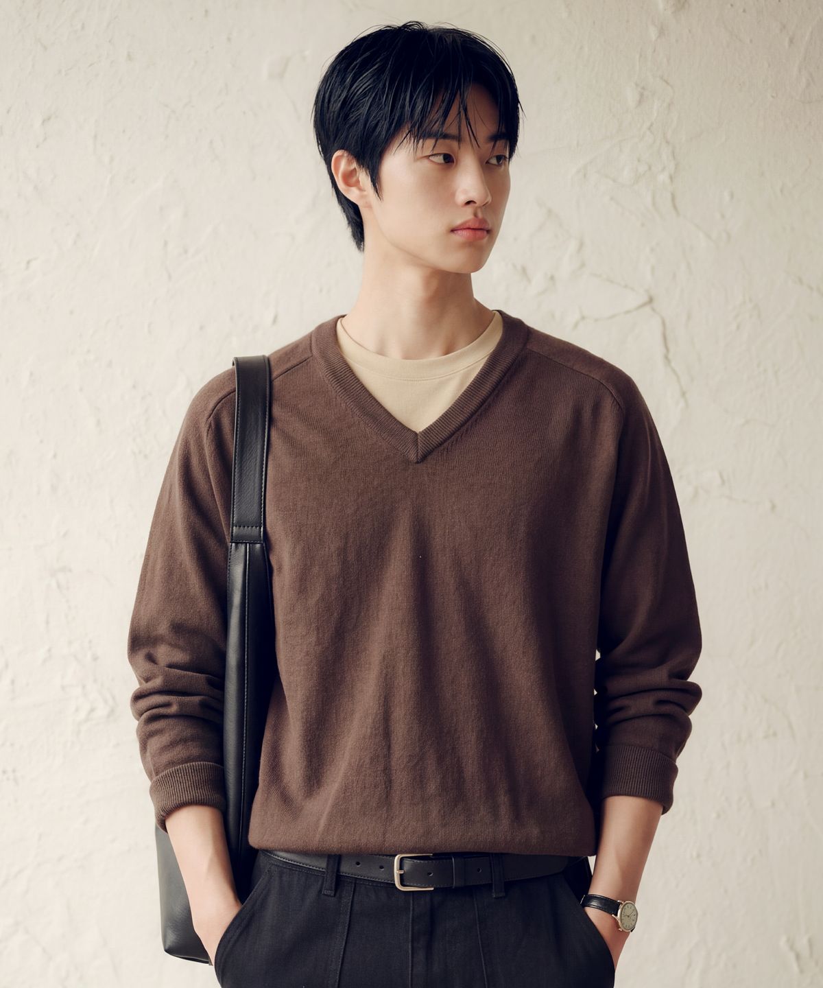 제멋(JEMUT) 레이어 코튼 브이넥 니트 브라운 SJKN2719