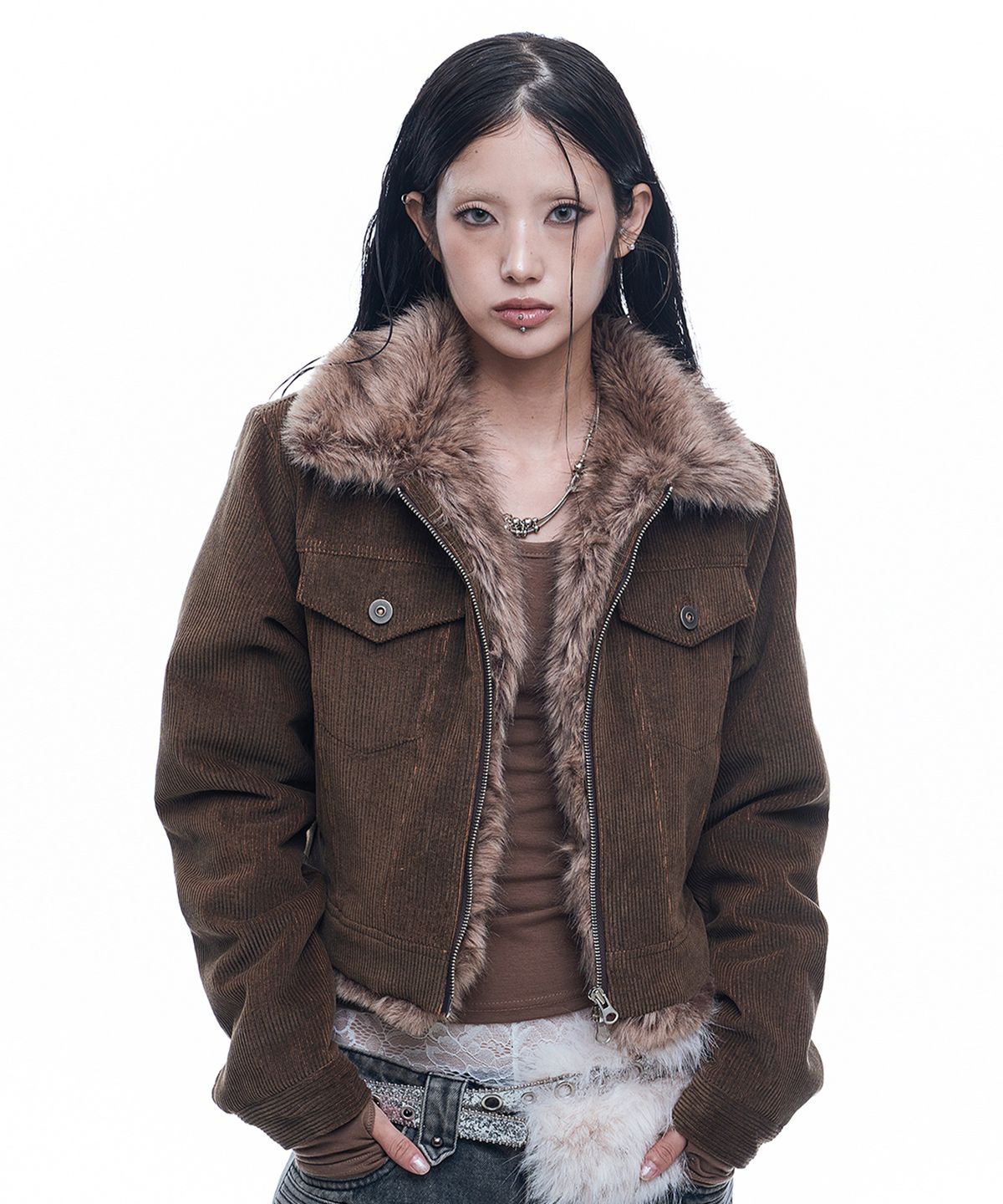 EASY NO EASY（イージーノーイージー）の「Fur Collar Corduroy Crop Jacket - Brown（Jackets/Outerwear）」