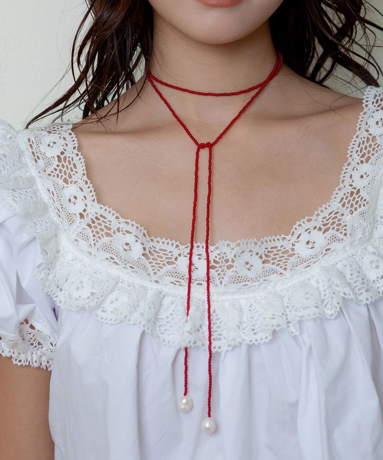 bead pearl tie necklace - red